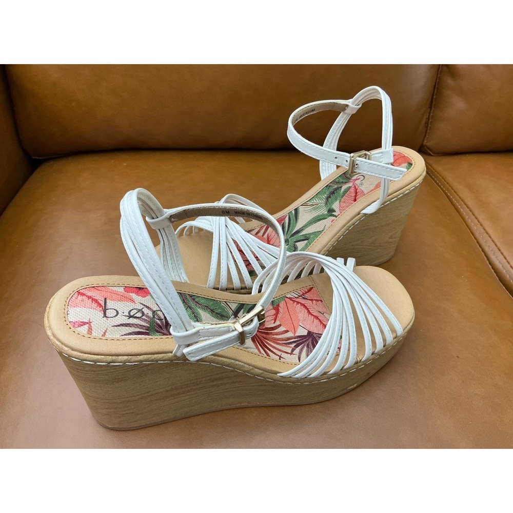 b.o.c. Catalina Wedge Sandals Womens 8 Cream New Strappy Tropical Floral‎ Wood